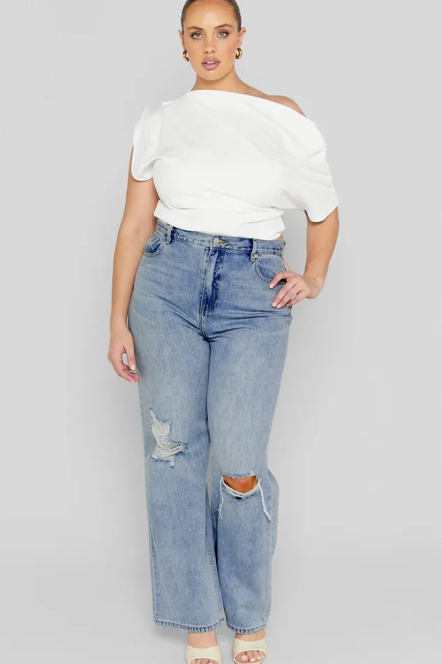 Miho Jeans 8211 High Waisted Recycled Cotton Distressed Straight Leg Denim Jeans In Mid Blue Wash Women Showpo Denim