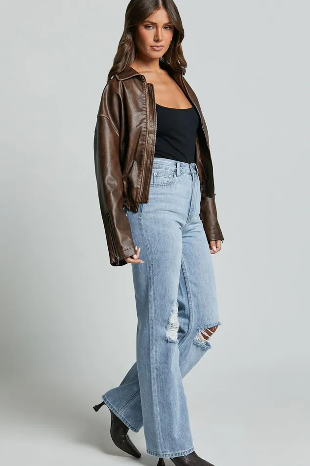 Miho Jeans 8211 High Waisted Recycled Cotton Distressed Straight Leg Denim Jeans In Mid Blue Wash Women Showpo Denim