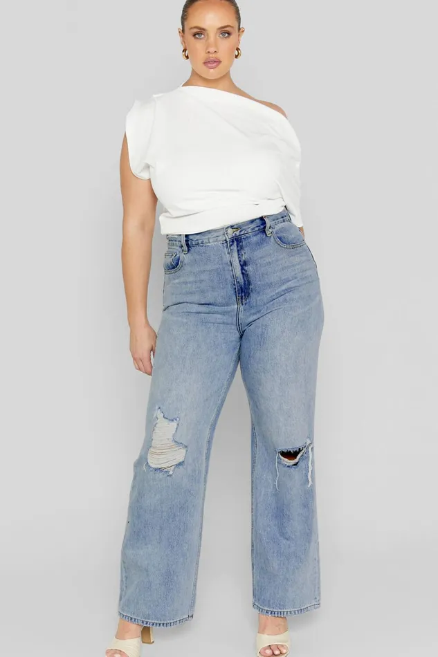 Miho Jeans 8211 High Waisted Recycled Cotton Distressed Straight Leg Denim Jeans In Mid Blue Wash Women Showpo Denim