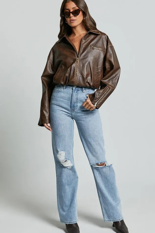 Miho Jeans 8211 High Waisted Recycled Cotton Distressed Straight Leg Denim Jeans In Mid Blue Wash Women Showpo Denim