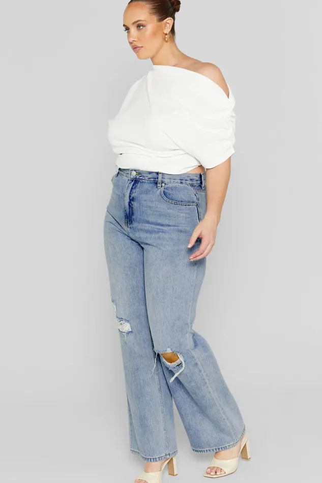 Miho Jeans 8211 High Waisted Recycled Cotton Distressed Straight Leg Denim Jeans In Mid Blue Wash Women Showpo Denim