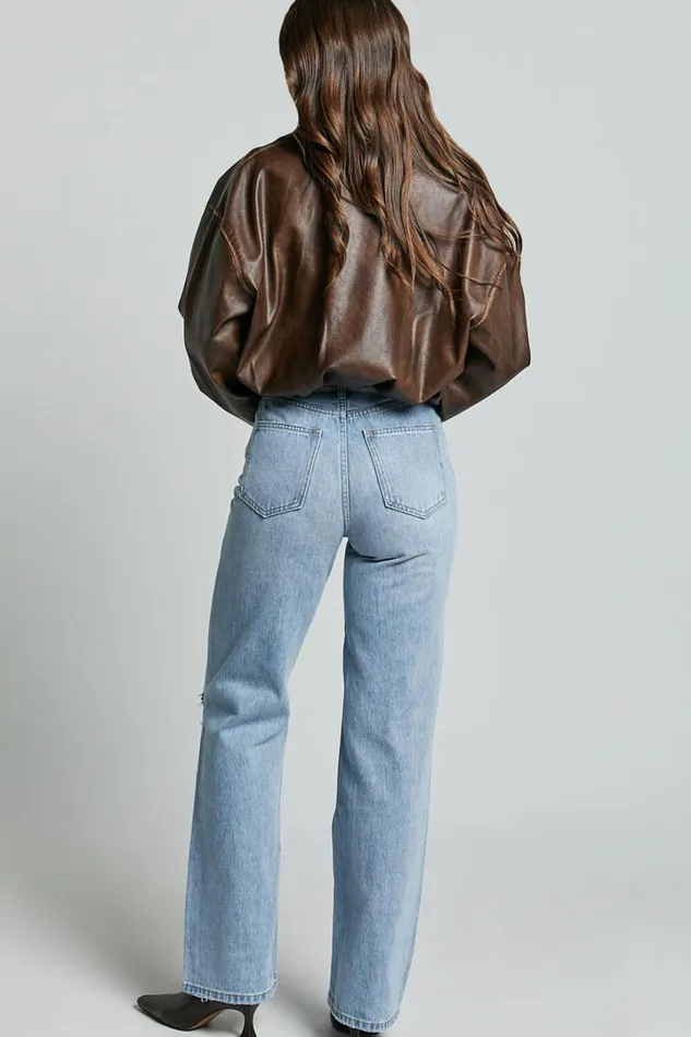 Miho Jeans 8211 High Waisted Recycled Cotton Distressed Straight Leg Denim Jeans In Mid Blue Wash Women Showpo Denim