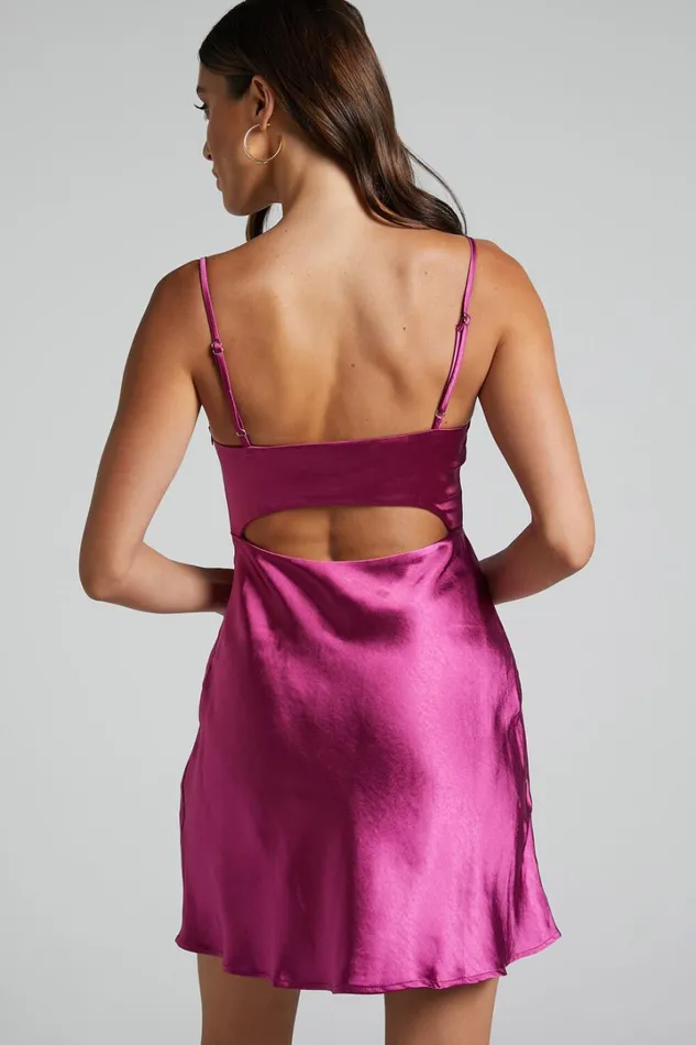Mikaila Mini Dress 8211 Cut Out Back Satin Slip Dress In Plum Women Showpo Curve Clothes