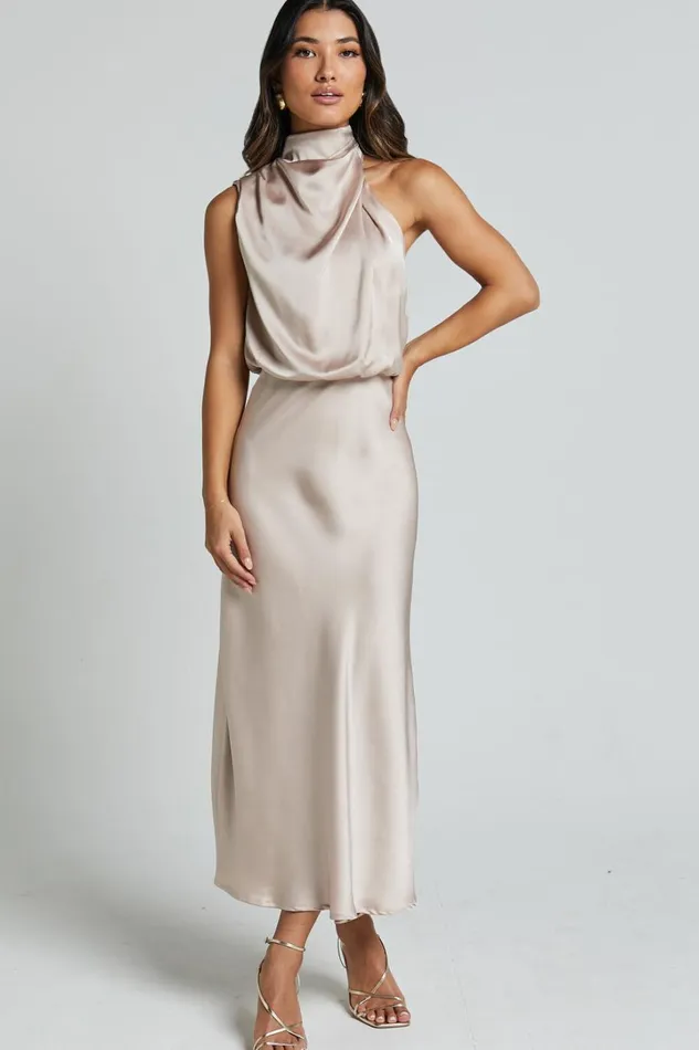 Minnie Midi Dress 8211 Drape Neck Satin Slip Dress In Champagne Women Showpo Dresses