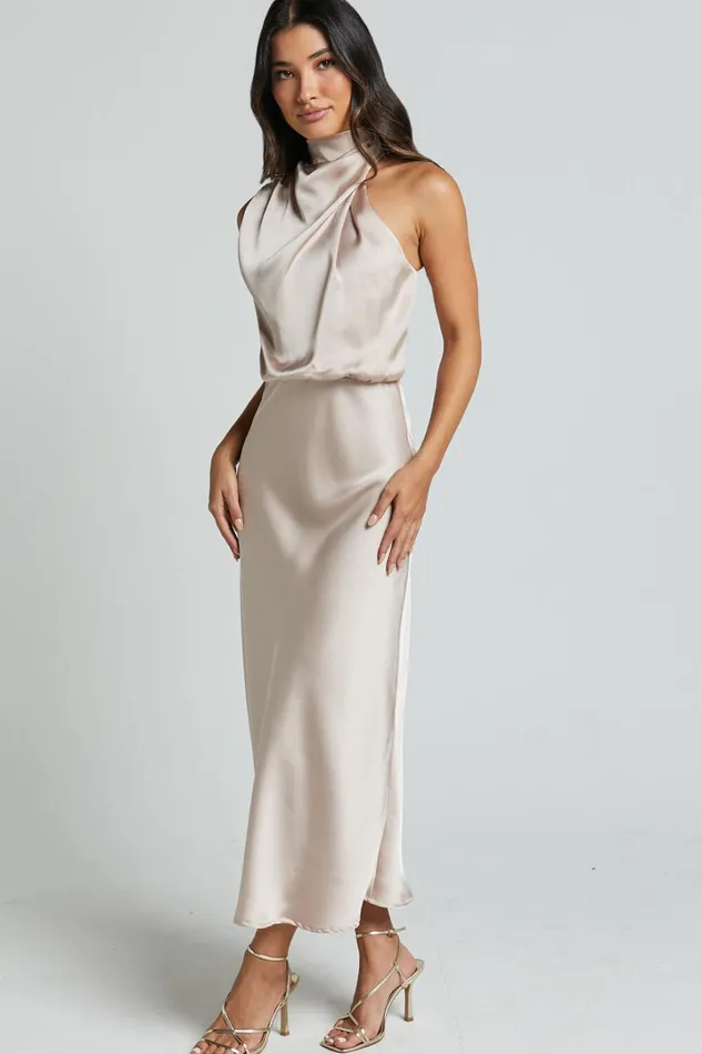 Minnie Midi Dress 8211 Drape Neck Satin Slip Dress In Champagne Women Showpo Dresses