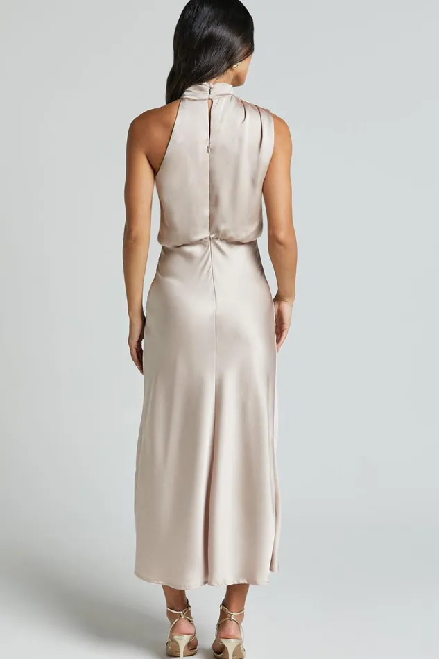 Minnie Midi Dress 8211 Drape Neck Satin Slip Dress In Champagne Women Showpo Dresses