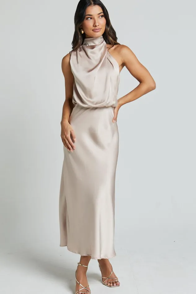 Minnie Midi Dress 8211 Drape Neck Satin Slip Dress In Champagne Women Showpo Dresses