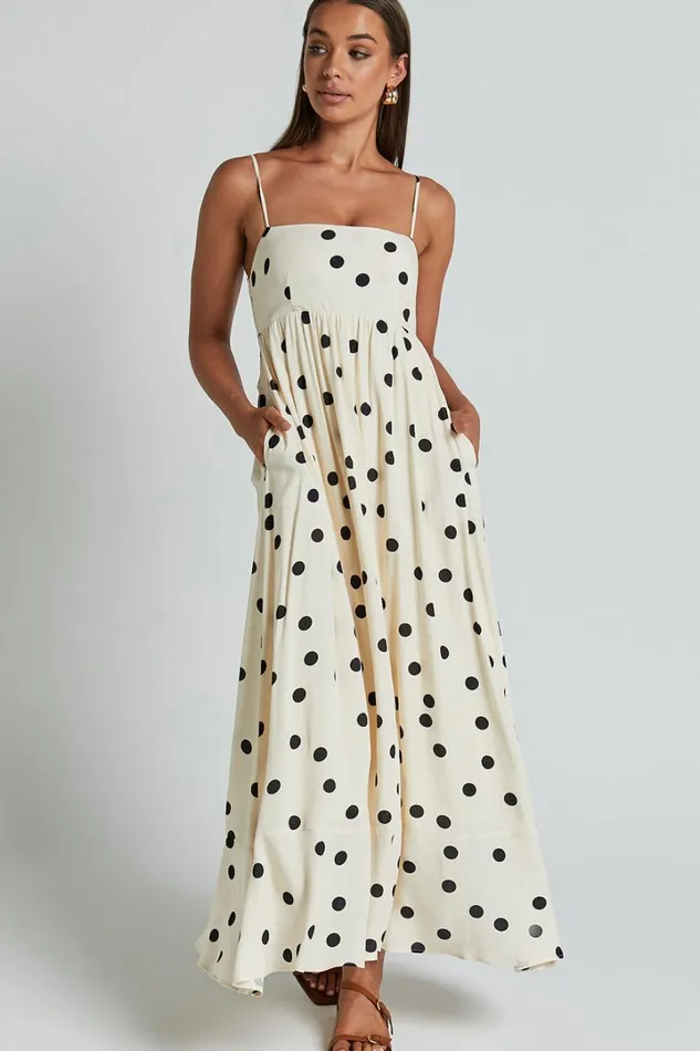 Miriam Midi Dress 8211 Strappy Straight Neck A Line Dress In Beige and Black Spot Women Showpo Dresses Miriam Midi Dress 8211 Strappy Straight Neck A Line Dress In Beige and Black Spot Women Showpo Dresses