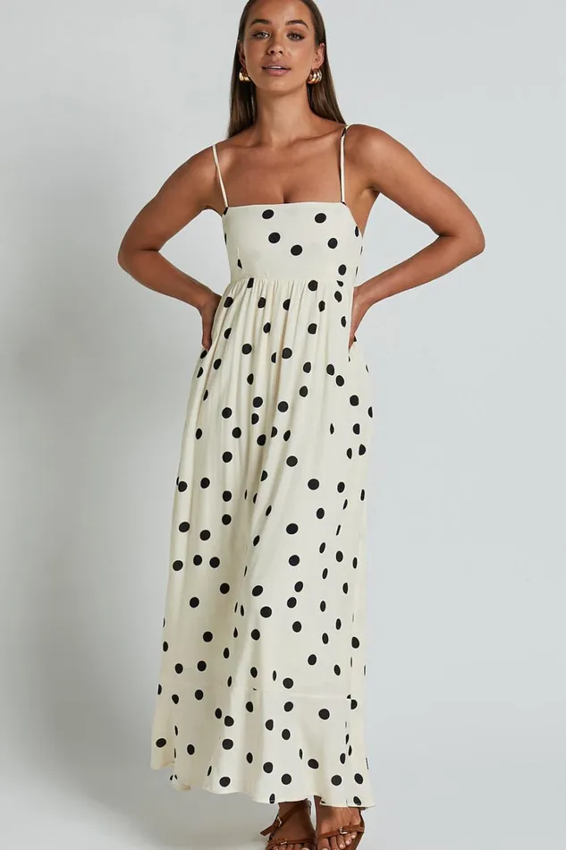 Miriam Midi Dress 8211 Strappy Straight Neck A Line Dress In Beige and Black Spot Women Showpo Dresses