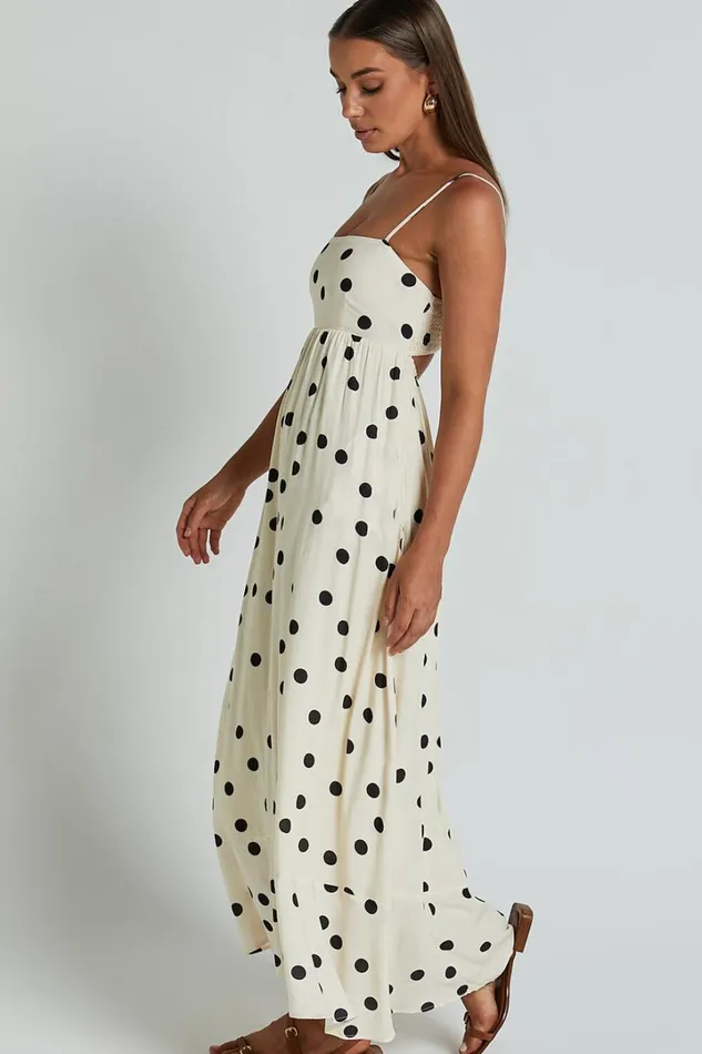 Miriam Midi Dress 8211 Strappy Straight Neck A Line Dress In Beige and Black Spot Women Showpo Dresses