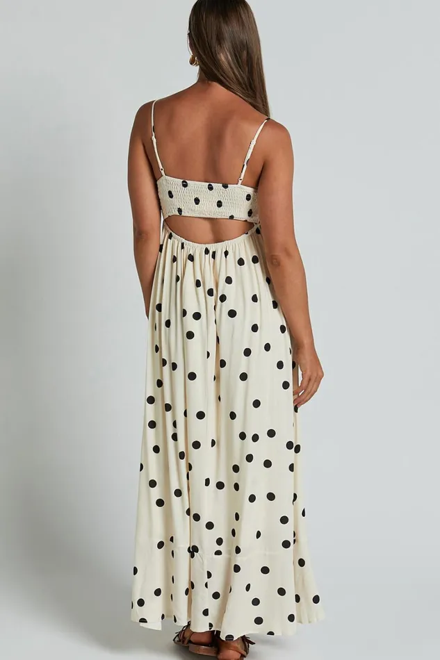 Miriam Midi Dress 8211 Strappy Straight Neck A Line Dress In Beige and Black Spot Women Showpo Dresses