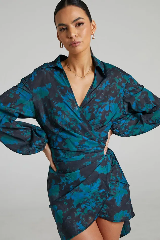 Mirski Mini Dress 8211 Balloon Sleeve Wrap Dress In Jewel Blur Women Showpo Dresses