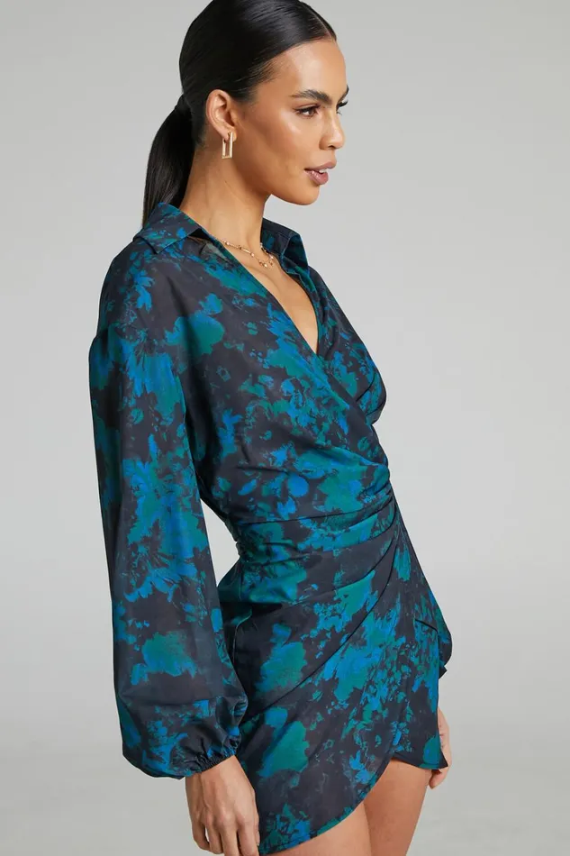 Mirski Mini Dress 8211 Balloon Sleeve Wrap Dress In Jewel Blur Women Showpo Dresses