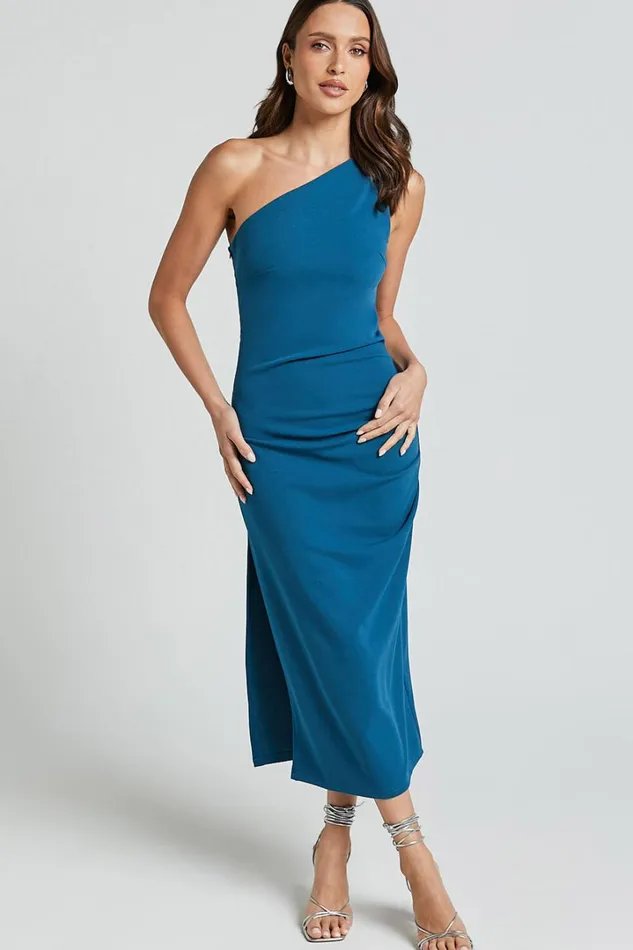 Monette Midi Dress 8211 One Shoulder Straight Dress In Teal Women Showpo Dresses