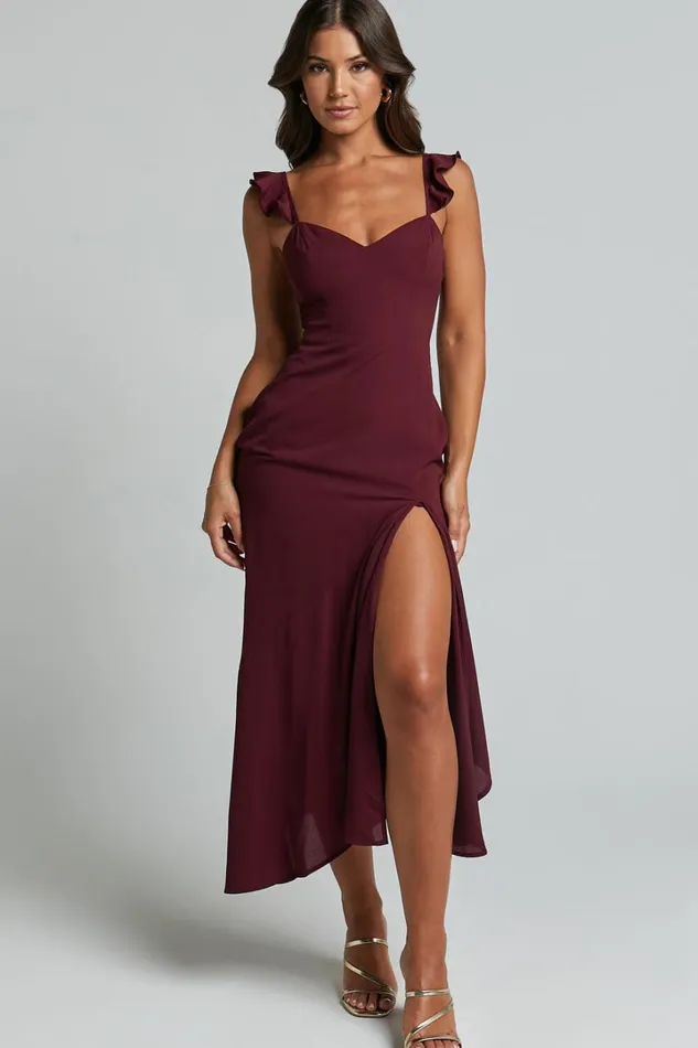 Morgan Midi Dress 8211 Frill Asymmetric Split Dress In Grape Women Showpo Dresses