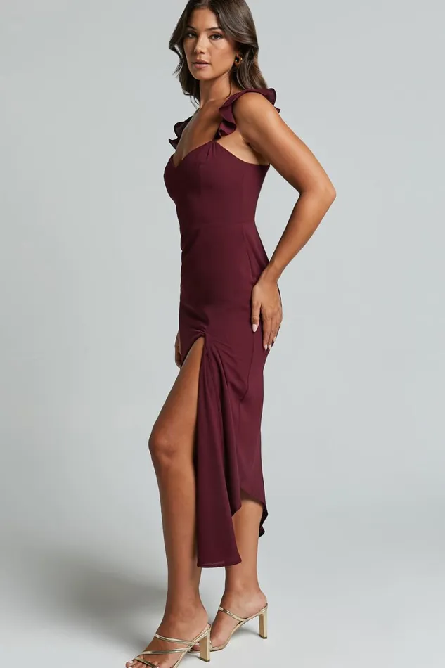 Morgan Midi Dress 8211 Frill Asymmetric Split Dress In Grape Women Showpo Dresses