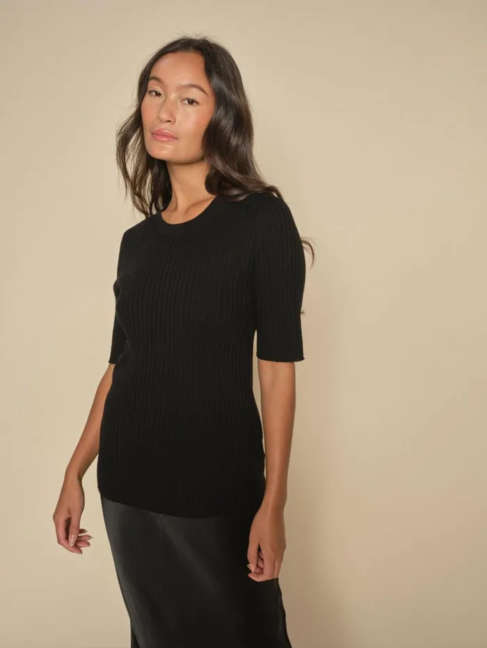 MOS MOSH Knits Women MMRelena Rib SS Crew Neck Knit Black MOS MOSH Knits Women MMRelena Rib SS Crew Neck Knit Black