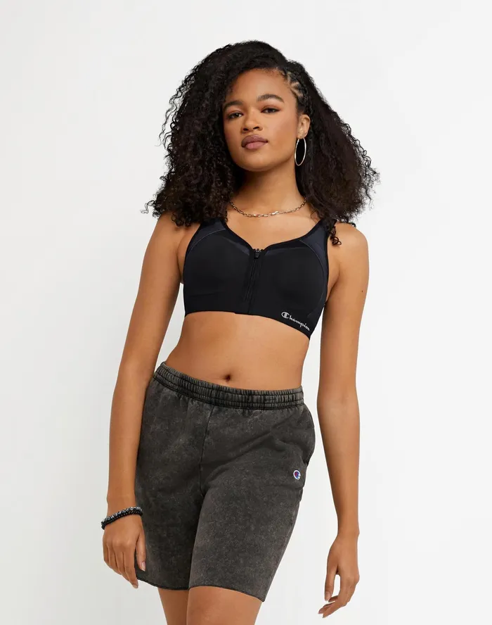 Motion Control Zip Sports Bra Wirefree Script Logo Black Women Champion Sports Bras and Bralettes