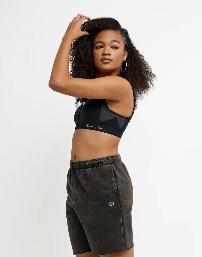 Motion Control Zip Sports Bra Wirefree Script Logo Black Women Champion Sports Bras and Bralettes