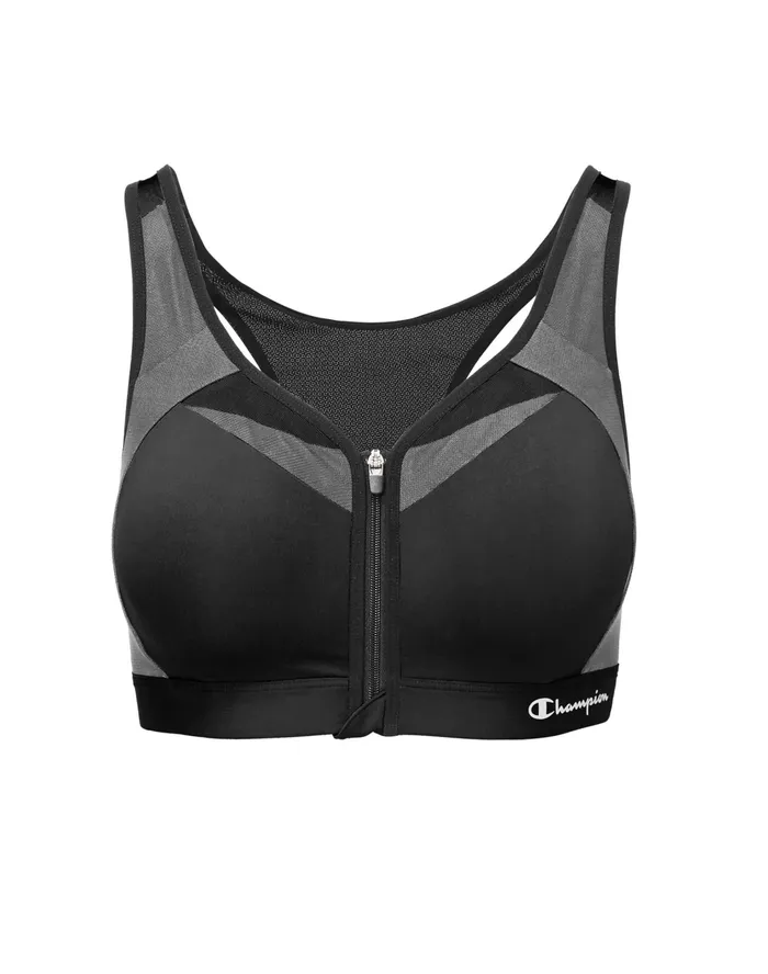 Motion Control Zip Sports Bra Wirefree Script Logo Black Women Champion Sports Bras and Bralettes