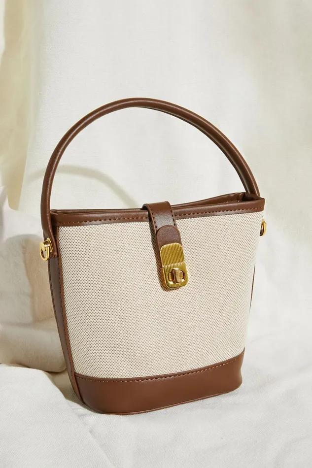 Mumbai Bag 8211 Canvas and PU Bucket Mini Tote Bag In TanNatural Women Showpo Bags