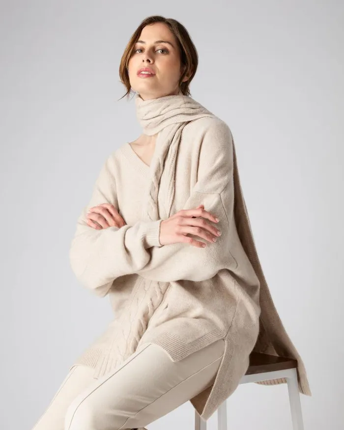 NPeal Cashmere Scarves Women Cable Rib Cashmere Scarf Heather Beige Brown