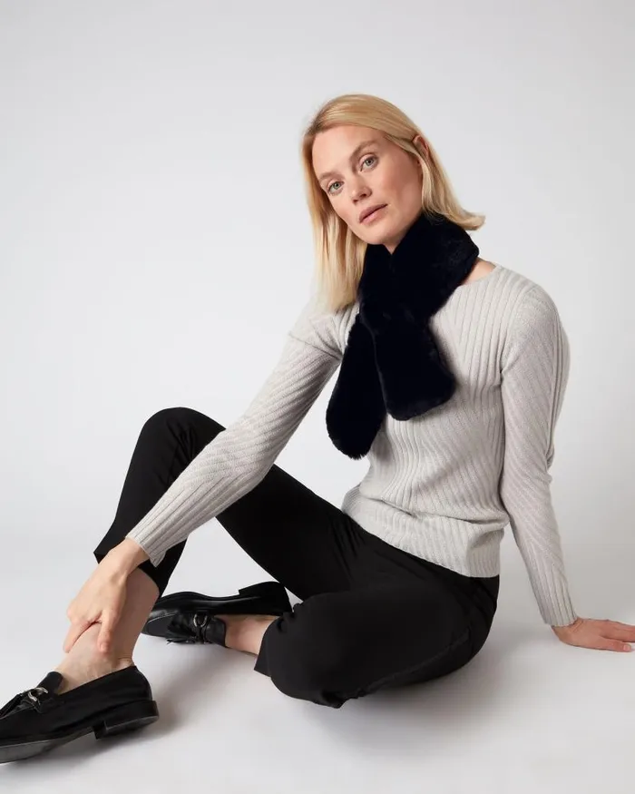 NPeal Cashmere Scarves Women Fur Neck Warmer Navy Blue