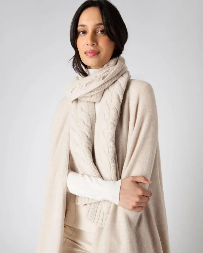 NPeal Cashmere Scarves WomenMen Unisex Chunky Cable Cashmere Scarf Heather Beige Brown