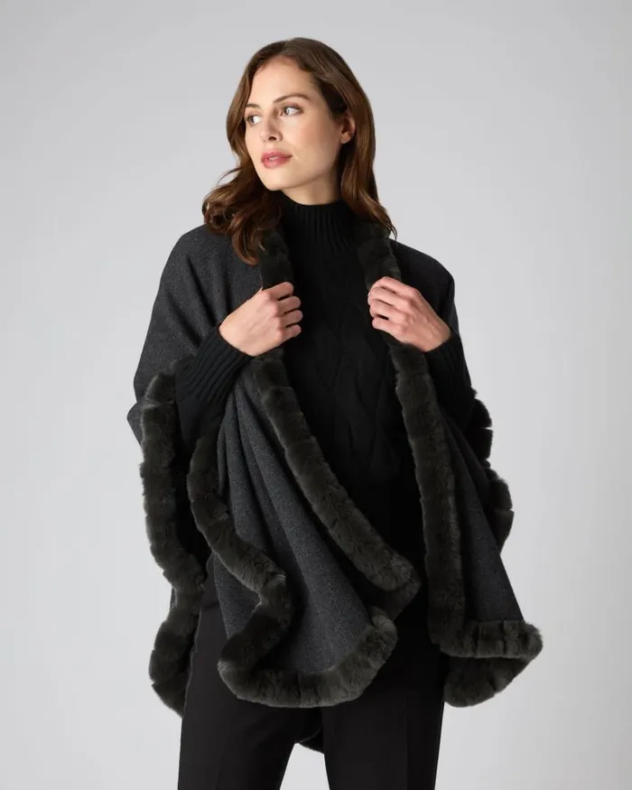 NPeal Coats and Jackets Women Ayla Fur Trim Cashmere Cape Dark Charcoal Grey