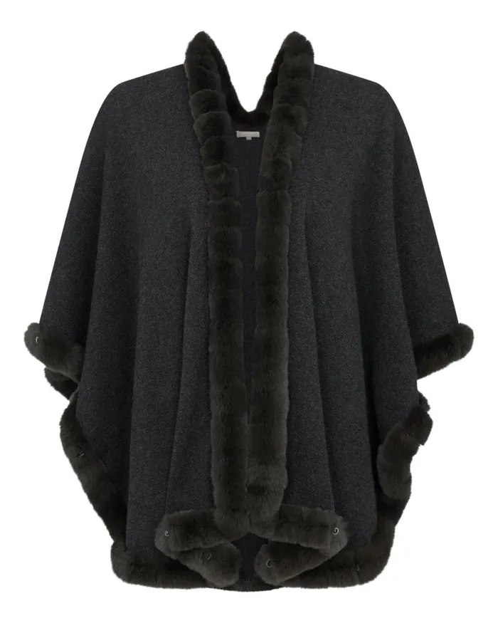 NPeal Coats and Jackets Women Ayla Fur Trim Cashmere Cape Dark Charcoal Grey