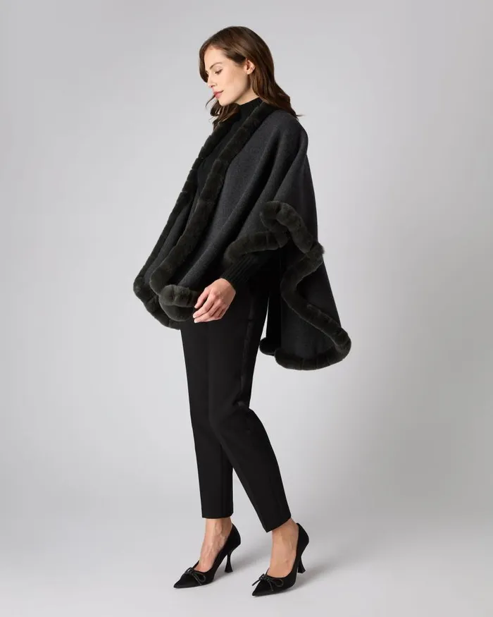 NPeal Coats and Jackets Women Ayla Fur Trim Cashmere Cape Dark Charcoal Grey