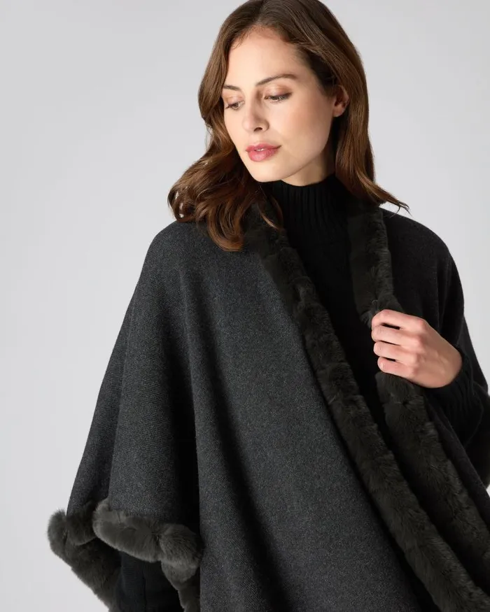 NPeal Coats and Jackets Women Ayla Fur Trim Cashmere Cape Dark Charcoal Grey