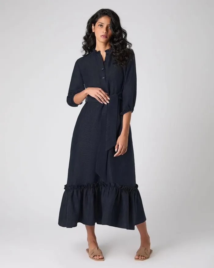 NPeal Dresses and Skirts Women Iris Ruffle Linen Dress Navy Blue