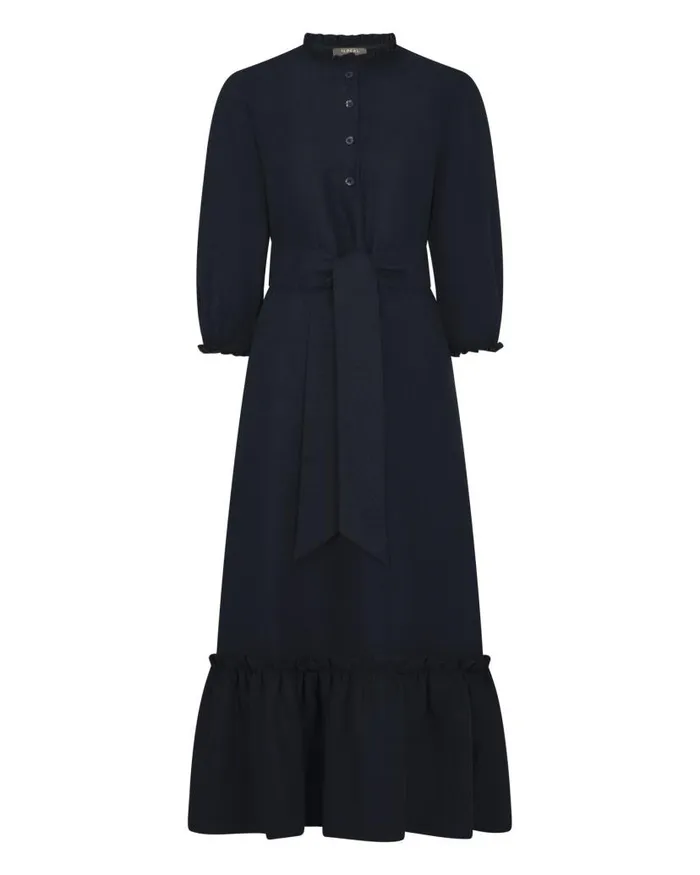 NPeal Dresses and Skirts Women Iris Ruffle Linen Dress Navy Blue