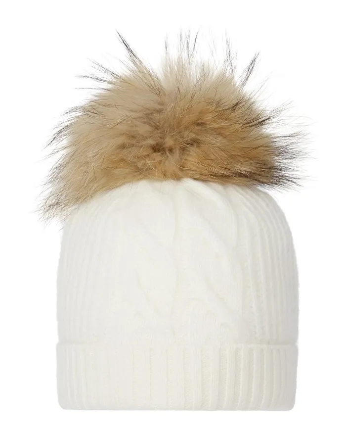 NPeal Fur Poms Women Cable Cashmere Hat With Fur Pom New Ivory White