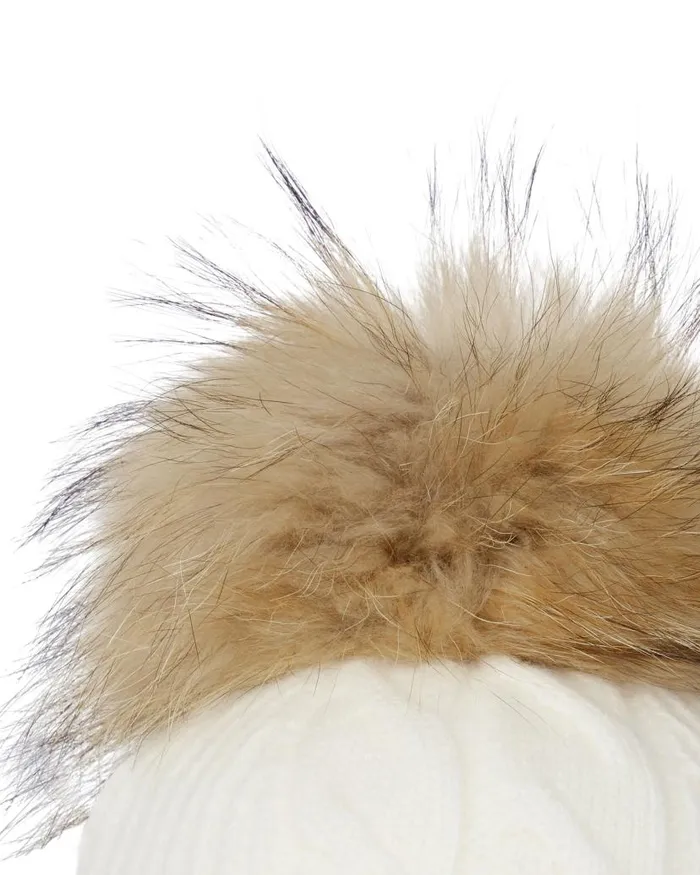 NPeal Fur Poms Women Cable Cashmere Hat With Fur Pom New Ivory White