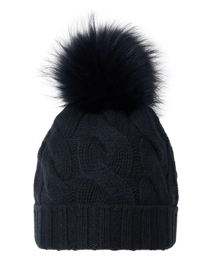 NPeal Fur Trim Accessories MenWomen Unisex Chunky Cable Cashmere Hat With Pom Navy Blue