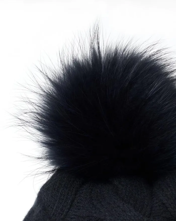 NPeal Fur Trim Accessories MenWomen Unisex Chunky Cable Cashmere Hat With Pom Navy Blue