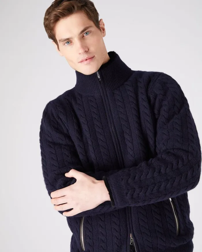 NPeal Half and Full Zip Knitwear Men Aspen Cashmere Cable Fur Cardigan Navy Blue