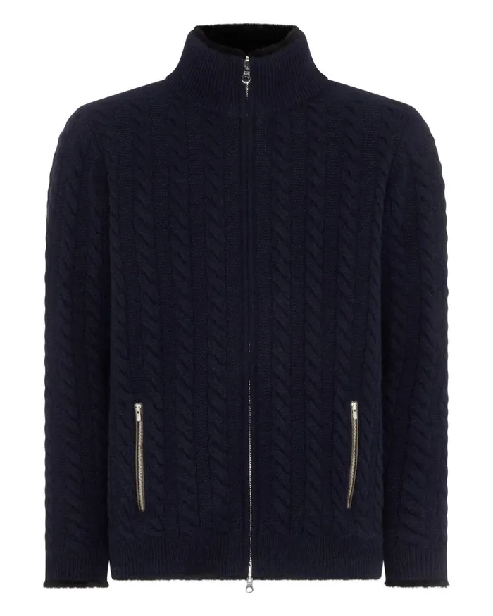 NPeal Half and Full Zip Knitwear Men Aspen Cashmere Cable Fur Cardigan Navy Blue