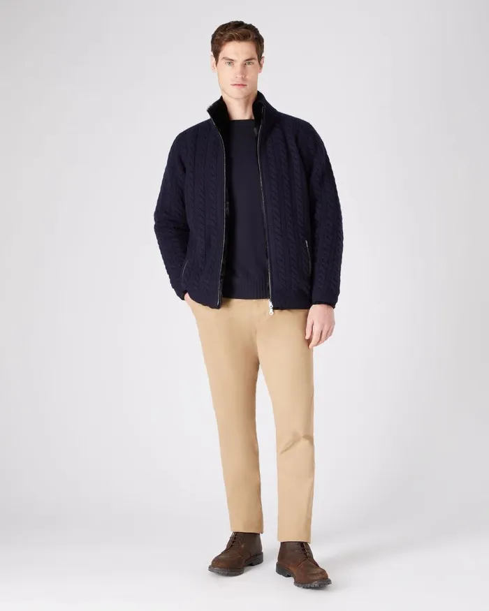 NPeal Half and Full Zip Knitwear Men Aspen Cashmere Cable Fur Cardigan Navy Blue