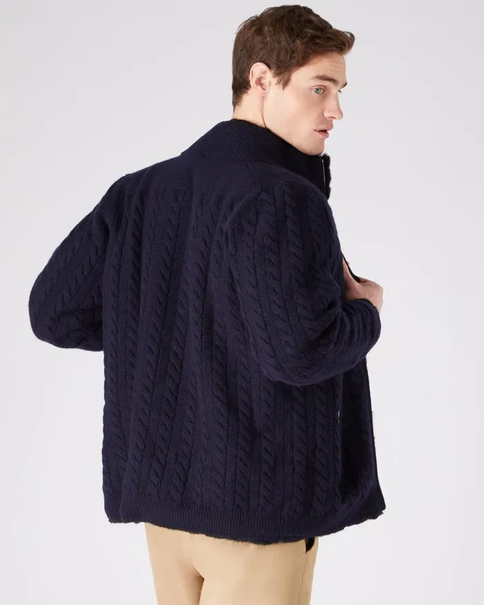 NPeal Half and Full Zip Knitwear Men Aspen Cashmere Cable Fur Cardigan Navy Blue