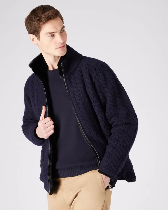 NPeal Half and Full Zip Knitwear Men Aspen Cashmere Cable Fur Cardigan Navy Blue