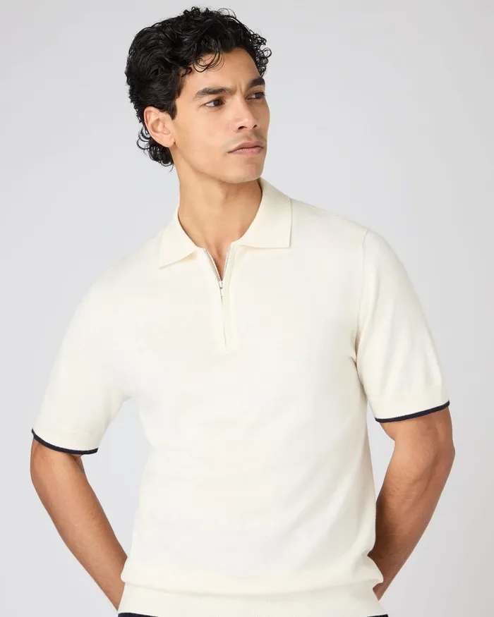 NPeal Half and Full Zip Knitwear Men Polo Zip Cotton Cashmere TShirt New Ivory White