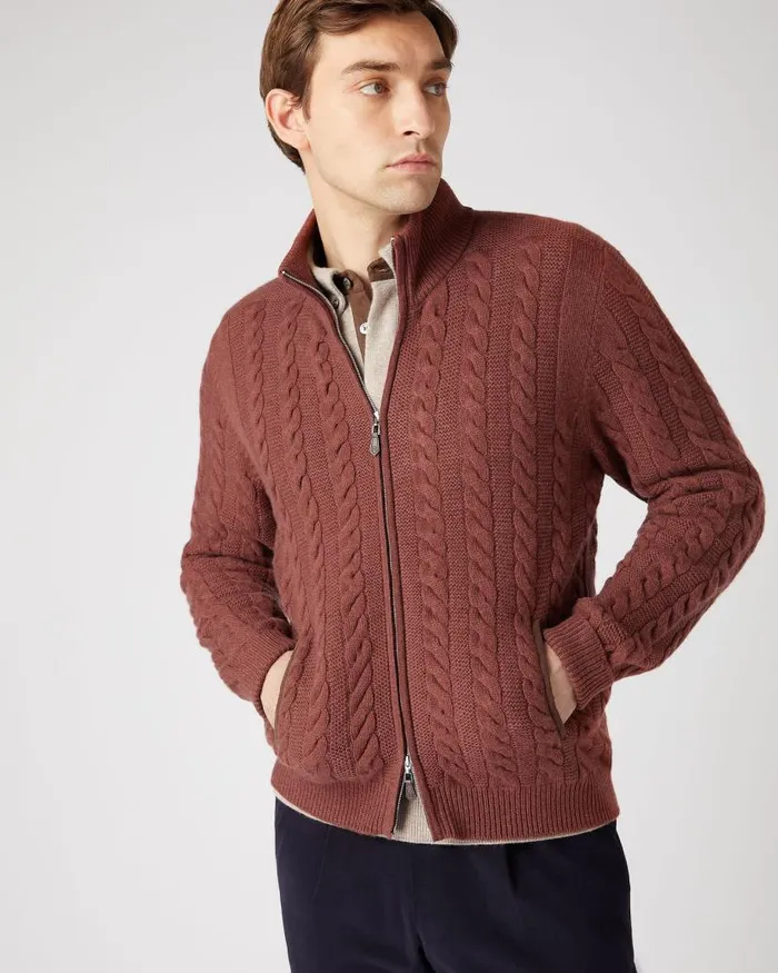 NPeal Half and Full Zip Knitwear Men Richmond Cable Cashmere Cardigan Terracotta Brown