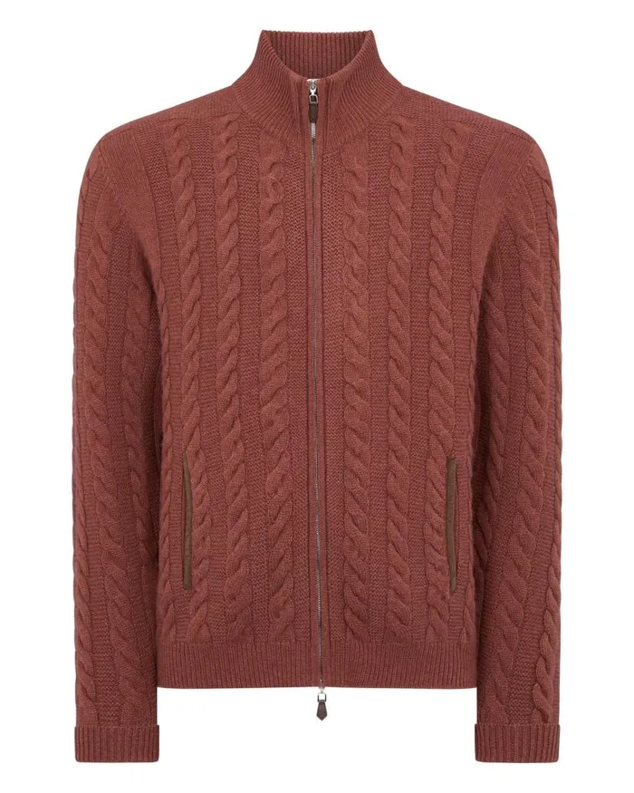 NPeal Half and Full Zip Knitwear Men Richmond Cable Cashmere Cardigan Terracotta Brown