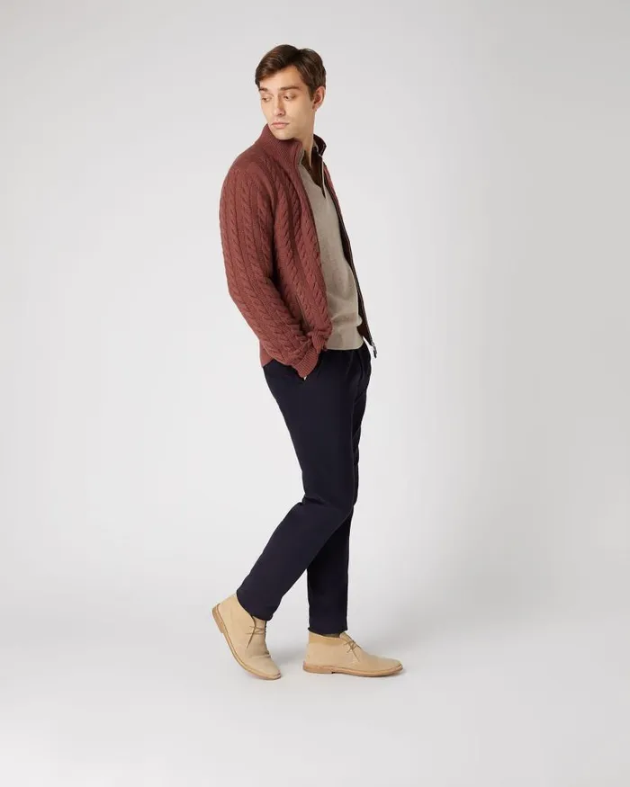 NPeal Half and Full Zip Knitwear Men Richmond Cable Cashmere Cardigan Terracotta Brown