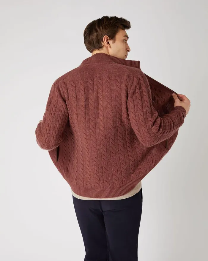 NPeal Half and Full Zip Knitwear Men Richmond Cable Cashmere Cardigan Terracotta Brown