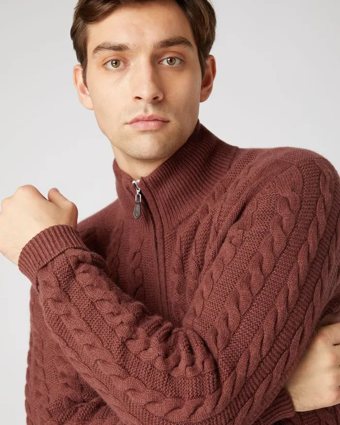 NPeal Half and Full Zip Knitwear Men Richmond Cable Cashmere Cardigan Terracotta Brown