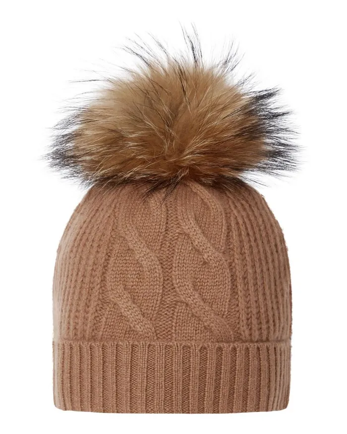 NPeal Hats Women Cable Cashmere Hat With Fur Pom Dark Camel Brown